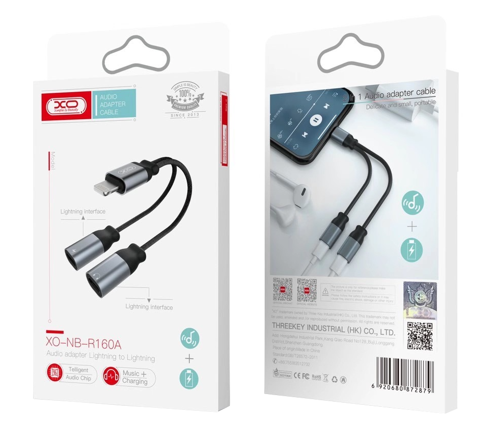 Audioadapteri Lightning - 2 x Lightning XO Design NB-R160A, Harmaa
