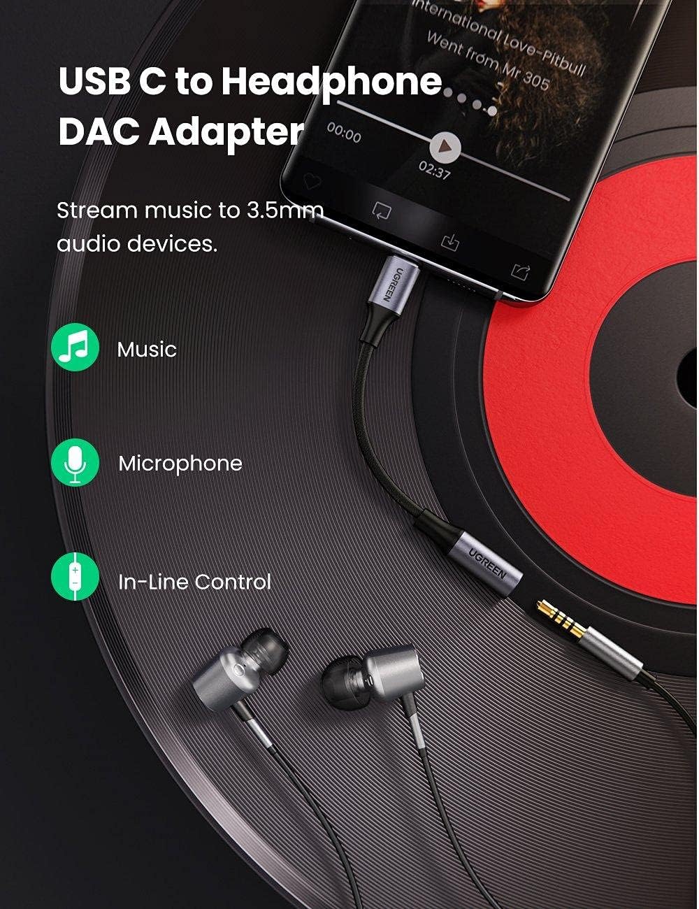Audioadapteri USB-C - 3,5 mm UGREEN AV161, Harmaa