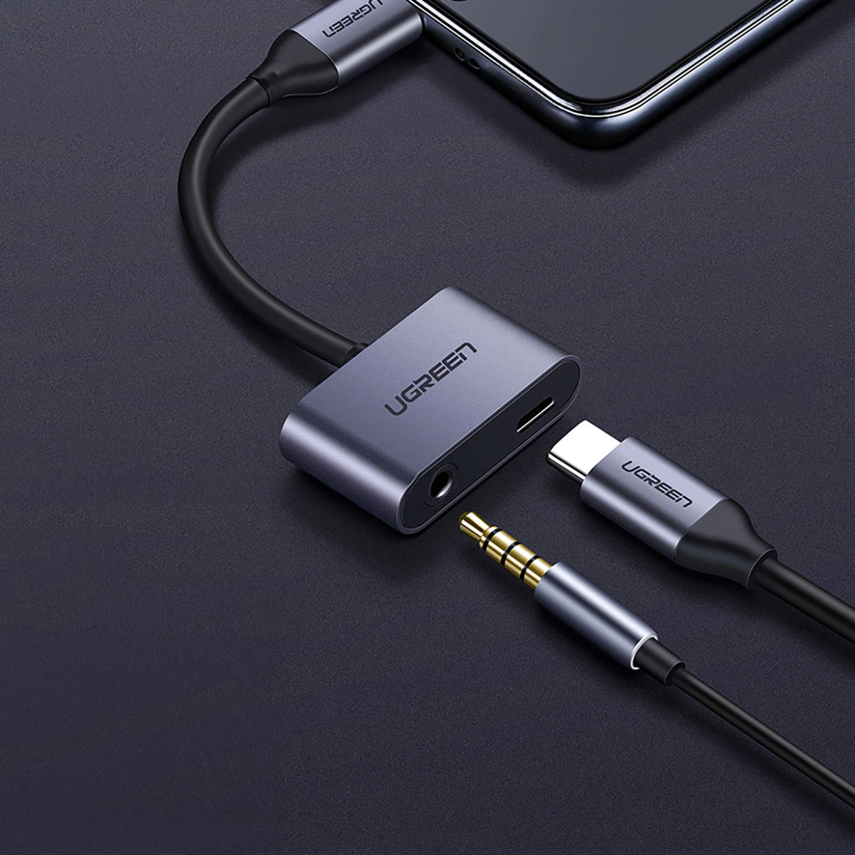 Audioadapteri USB-C - 3,5 mm / USB-C UGREEN CM193, Harmaa