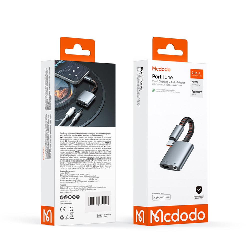 USB-C - USB-C / 3.5mm McDodo CA-3120 -audioadapteri, Harmaa