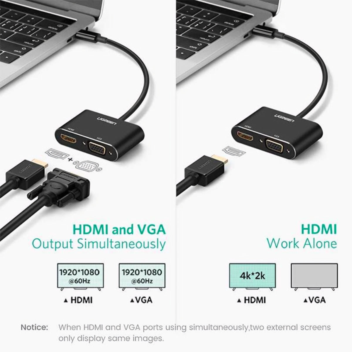 UGREEN CM449 Videoadapteri, USB-A - HDMI / VGA, 1080P, Harmaa