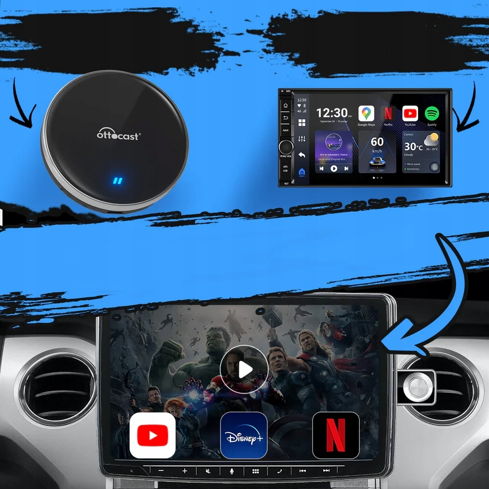 Carplay / Android Auto -langaton Ottocast OttoAibox P3 Lite -sovitin Apple iPhone / Android-sarjalle