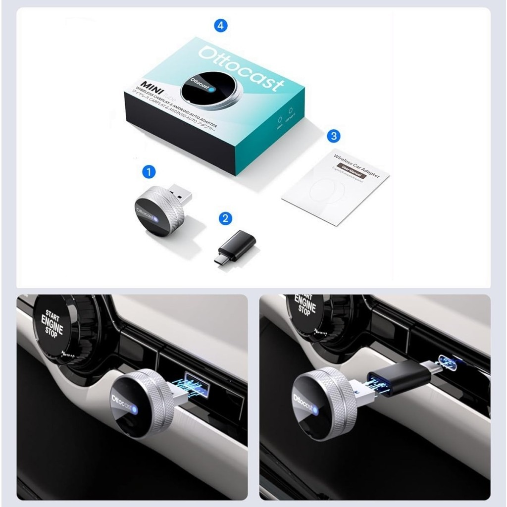 Langaton Carplay / Android Auto -sovitin Ottocast Mini Slim Tube Apple iPhone / Android -sarjalle CP88-T4