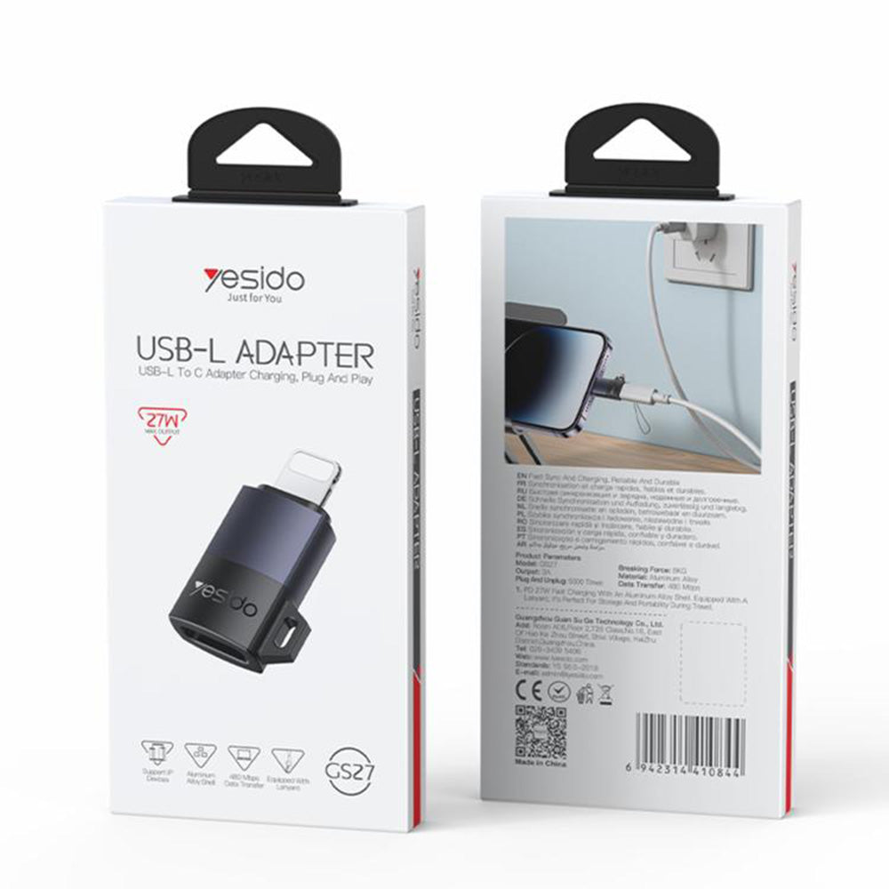 USB-C - Lightning Yesido GS27 -tiedonsiirto- ja latausadapteri, Harmaa