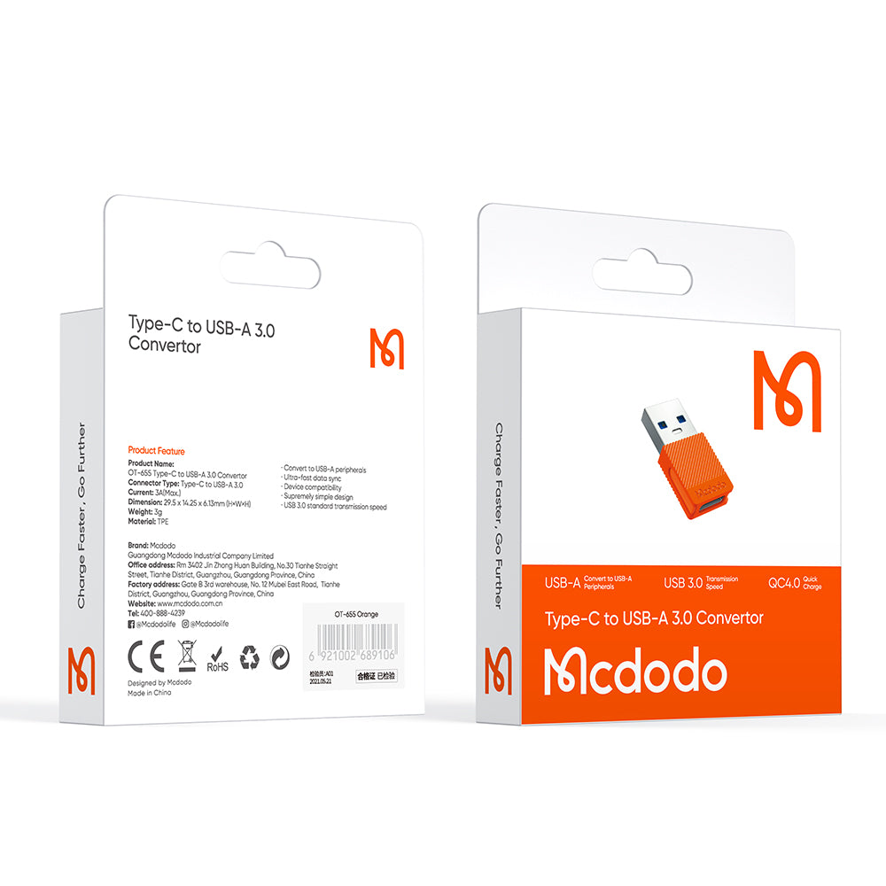 USB-C - USB-A -datan ja latauksen sovitin McDodo OT-6550, Oranssi