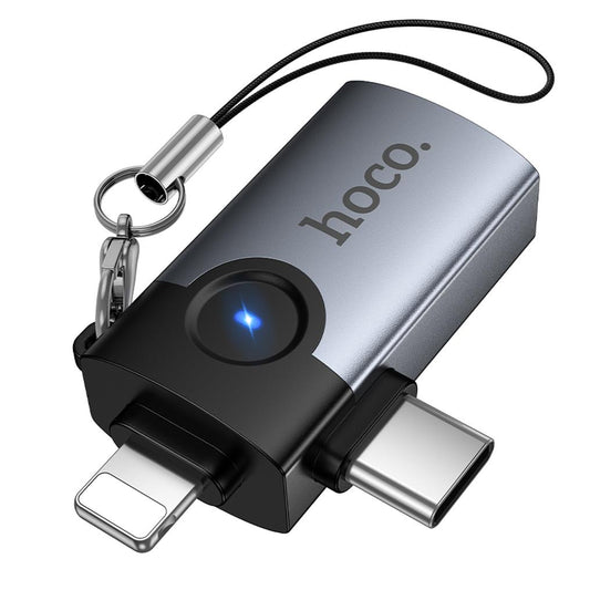 OTG-sovitin Lightning / USB-C - USB-A HOCO UA46D, Harmaa