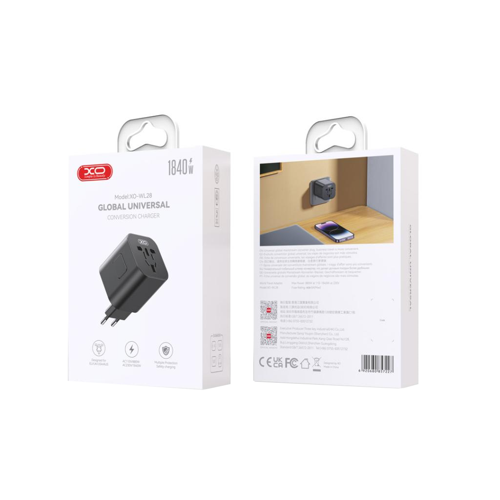 XO Design WL28 Travel -verkkoadapteri US / UK / AU / CN / EU, Musta