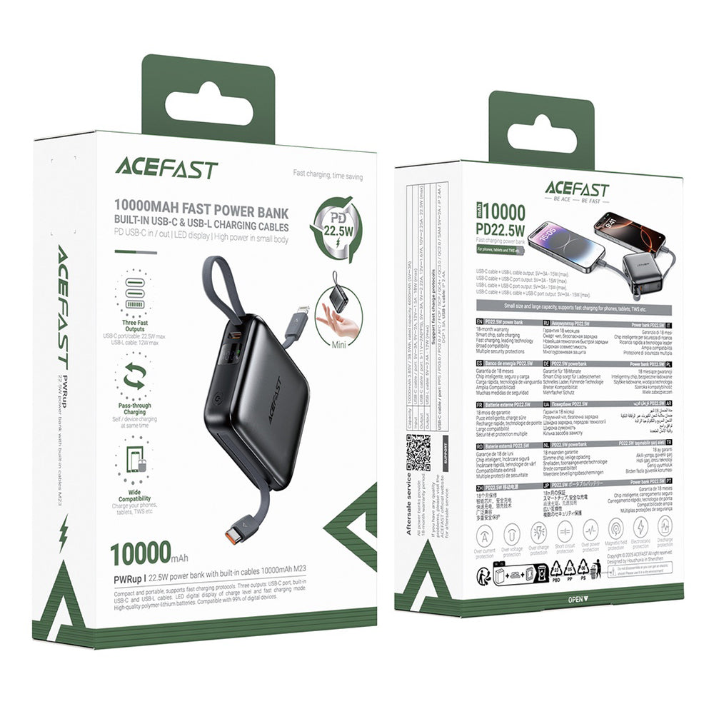 Ulkoinen akku Acefast M23, 10000mAh, 22.5W, QC + PD, 1 x Lightning - 2 x USB-C, Harmaa