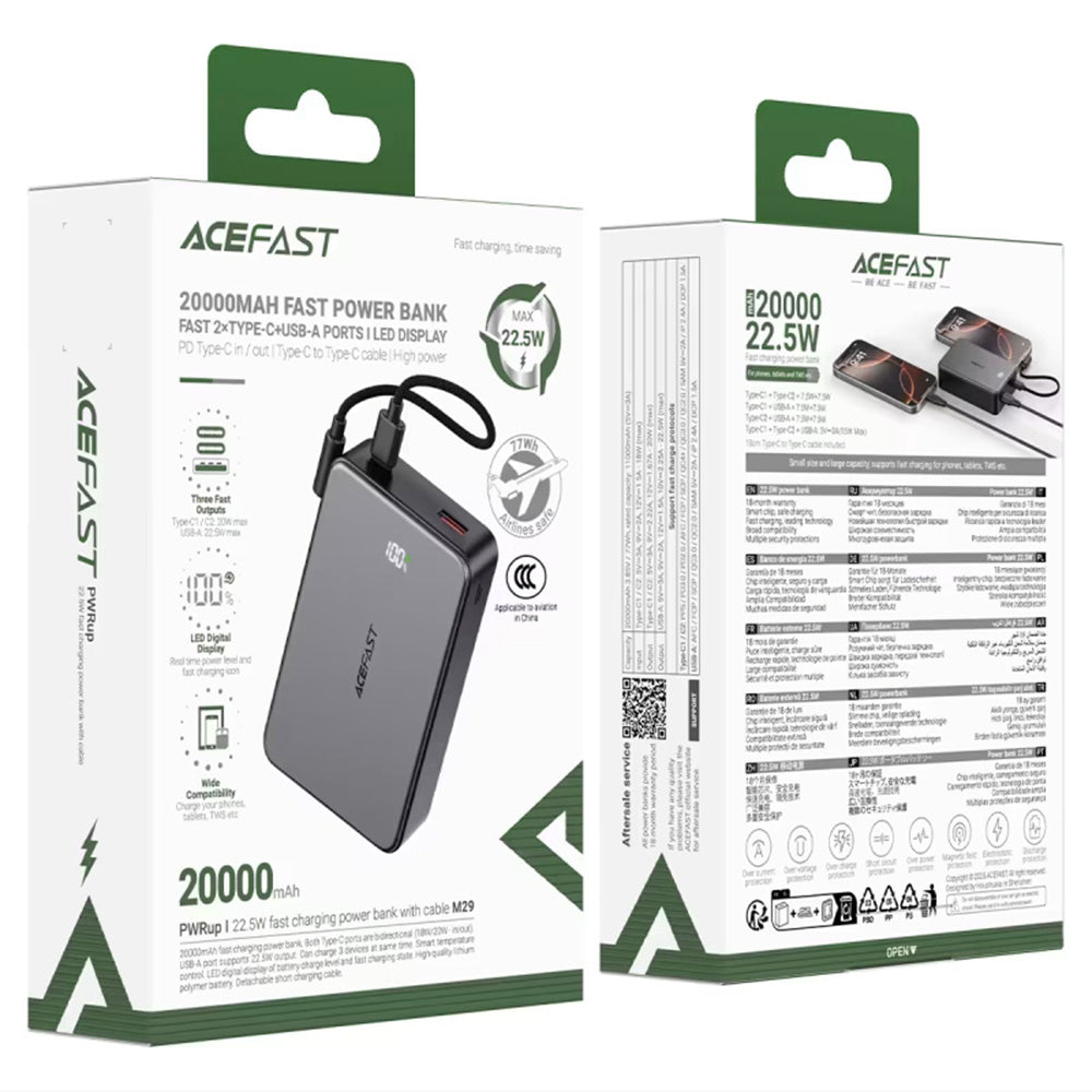 Acefast M29 ulkoinen akku, 20000mAh, 22.5W, QC + PD, 1 x USB-A - 2 x USB-C, Musta