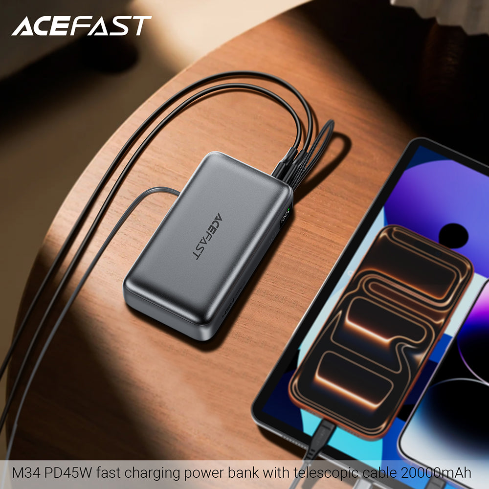 Ulkoinen akku Acefast M34, 20000mAh, 45W, QC + PD, 1 x USB-A - 2 x USB-C, Harmaa