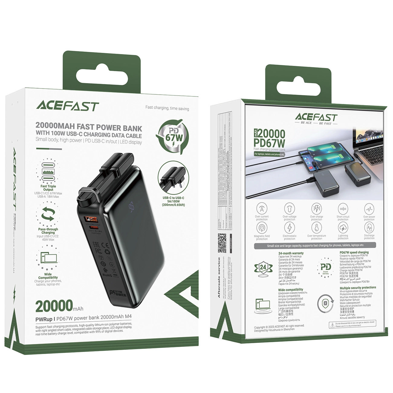 Ulkoinen akku Acefast M4, 20000mAh, 67W, PD, 1 x USB-A - 2 x USB-C, Musta
