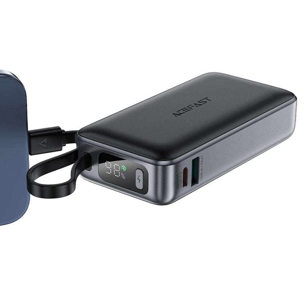 Acefast M7 Ulkoinen Akku, 10000mAh, 30W, QC + PD, 1 x USB-A - 2 x USB-C, Musta
