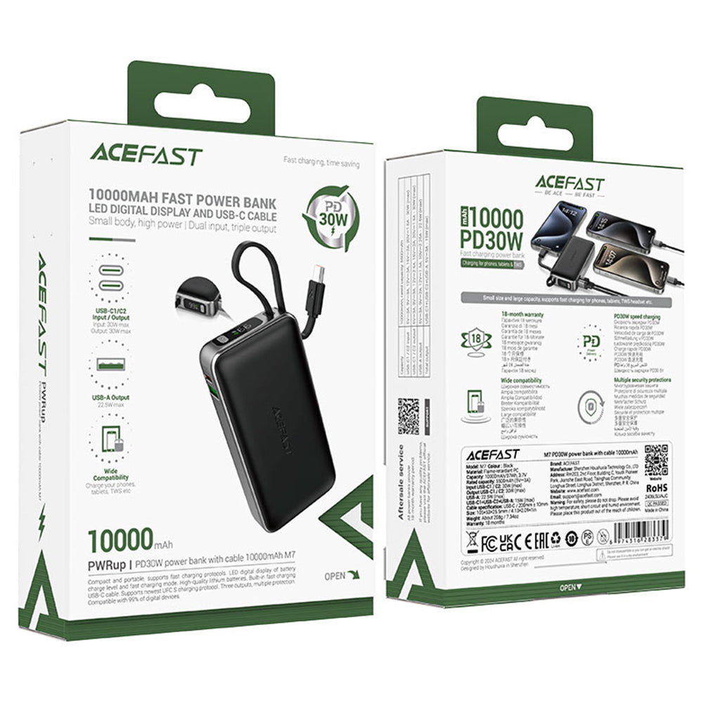 Acefast M7 Ulkoinen Akku, 10000mAh, 30W, QC + PD, 1 x USB-A - 2 x USB-C, Musta
