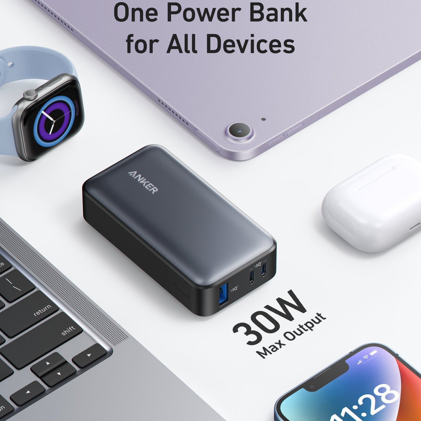 Anker 533 Ulkoinen Akku, 10000mAh, 30W, QC + PD, 1 x USB-A - 2 x USB-C, Musta A1256G11
