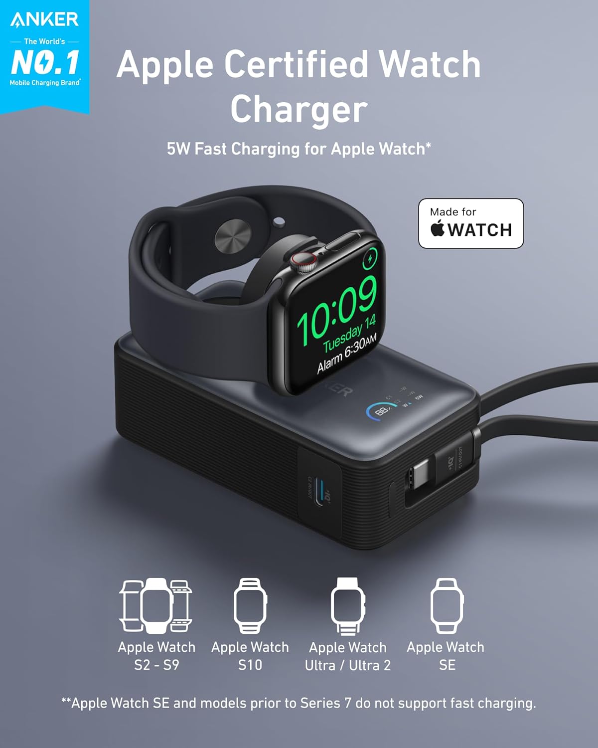 Anker MagGo Langaton Ulkoinen Akku, 10000mAh, 35W, PD + QI, 1 x QI - 2 x USB-C, Musta A1657011