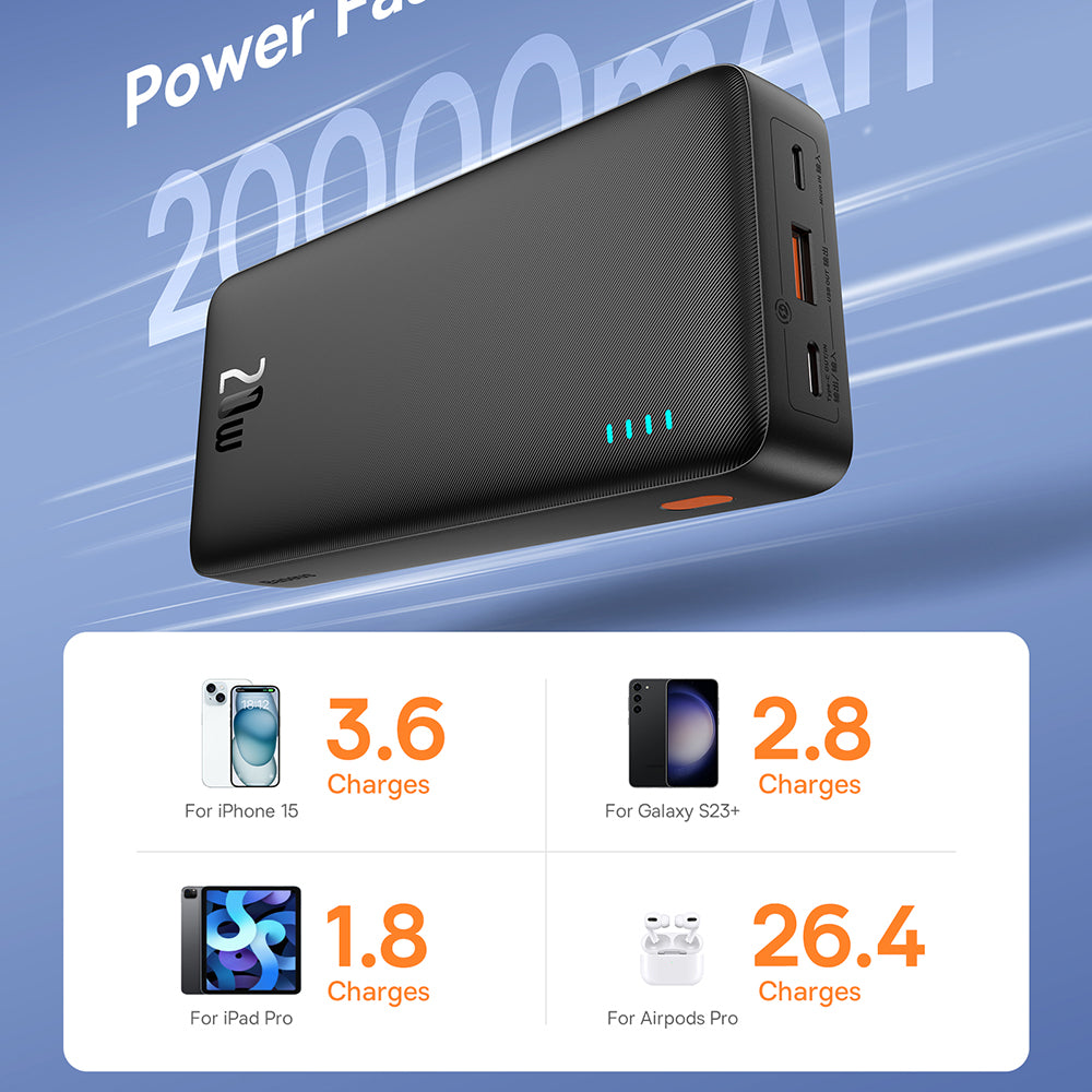 Baseus Airpow Ulkoinen Akku, 20000mAh, 20W, QC + PD, 1 x USB-A - 1 x USB-C, Musta P10022804113-00