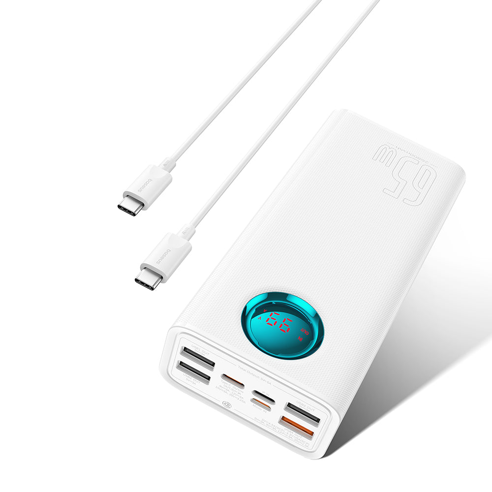 Ulkoinen akku Baseus Amblight Digital Display, 26800mAh, 65W, QC + PD, 1 x USB-C - 4 x USB-A, Valkoinen P10022402223-00