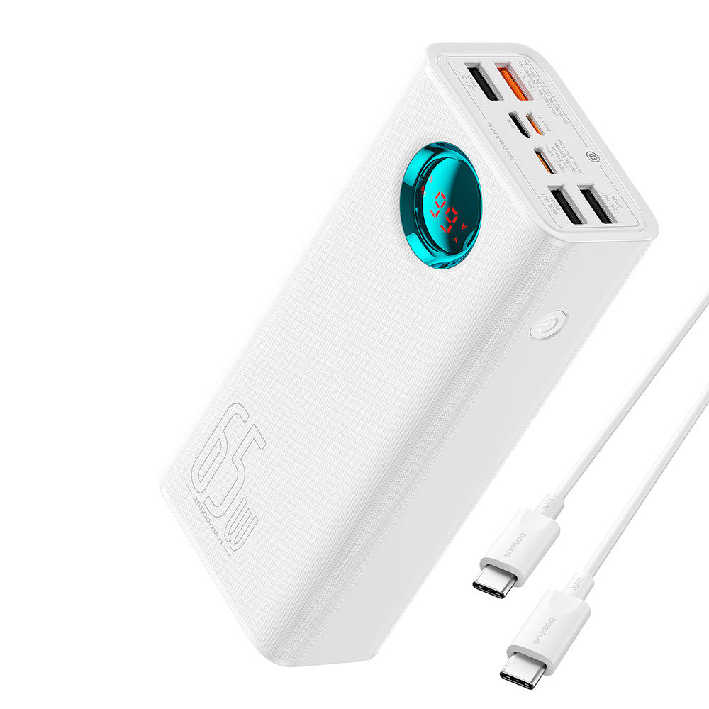 Ulkoinen akku Baseus Amblight Digital Display, 26800mAh, 65W, QC + PD, 1 x USB-C - 4 x USB-A, Valkoinen P10022402223-00