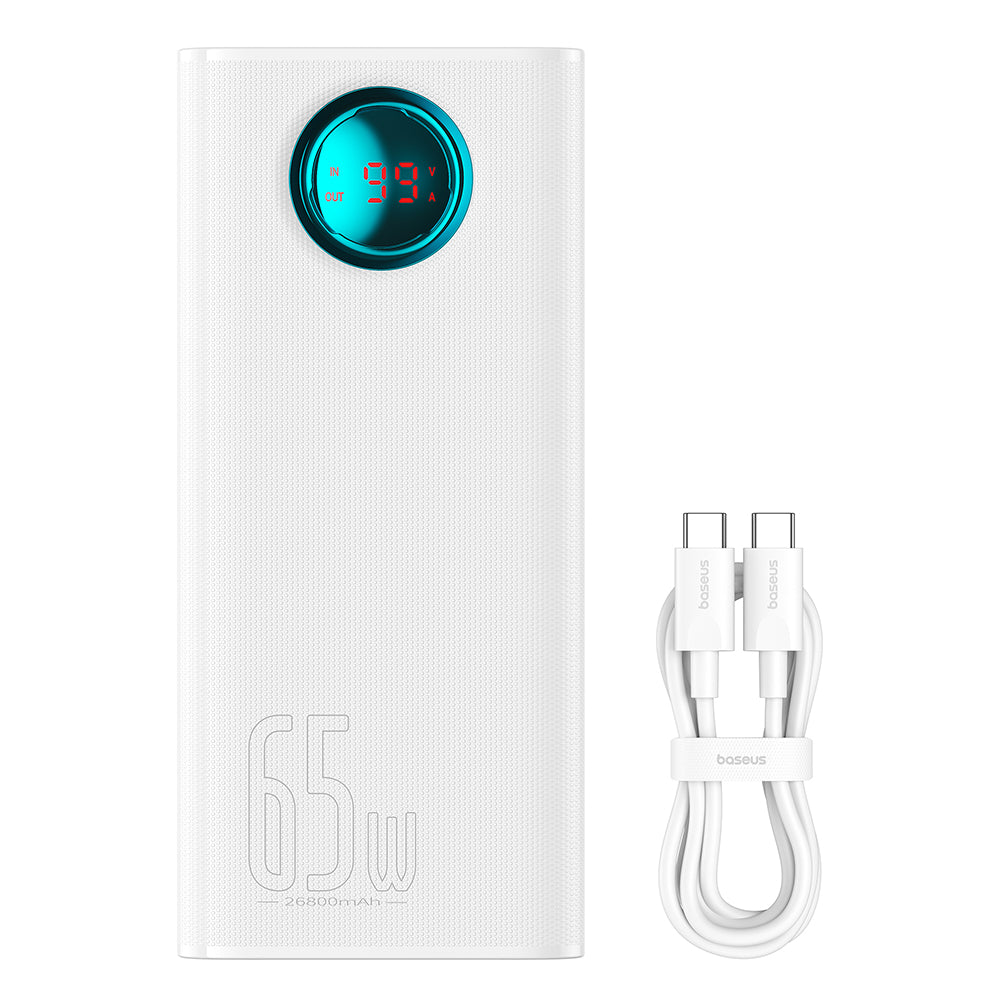 Ulkoinen akku Baseus Amblight Digital Display, 26800mAh, 65W, QC + PD, 1 x USB-C - 4 x USB-A, Valkoinen P10022402223-00