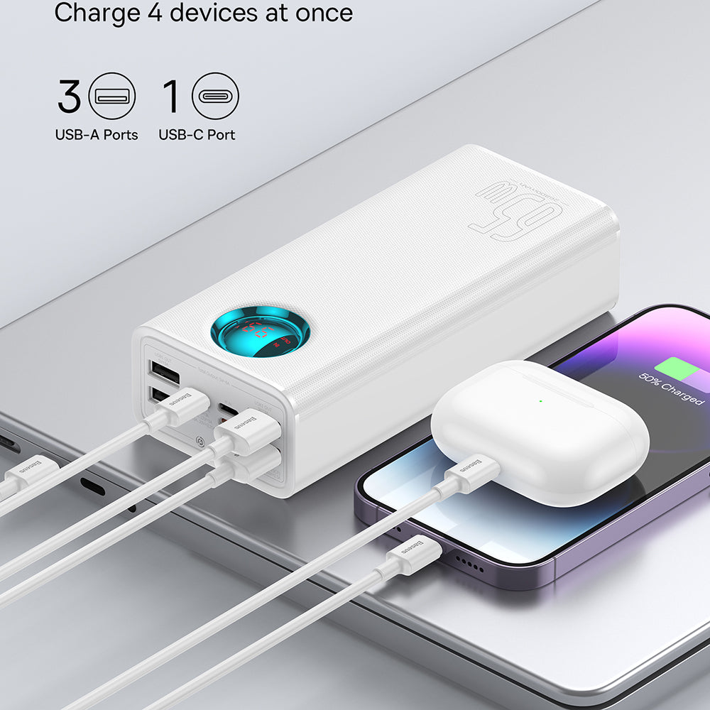 Ulkoinen akku Baseus Amblight Digital Display, 26800mAh, 65W, QC + PD, 1 x USB-C - 4 x USB-A, Valkoinen P10022402223-00