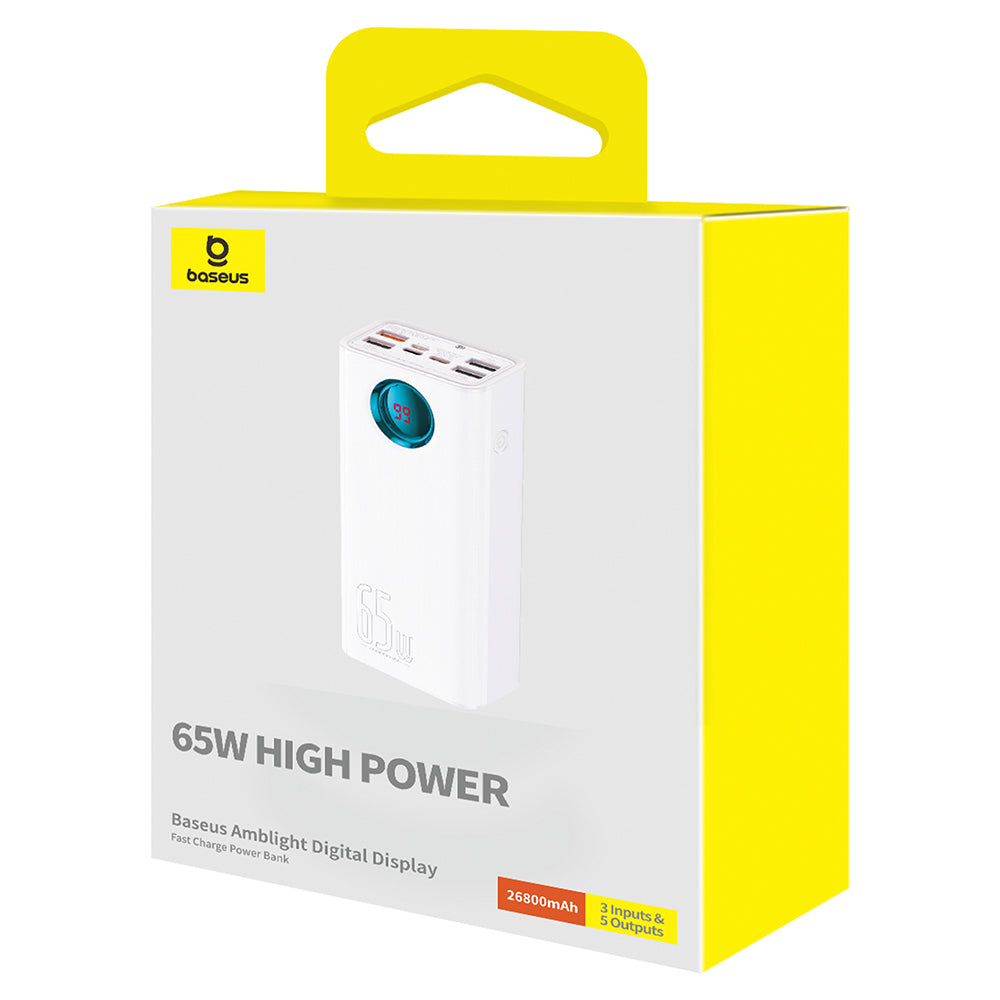 Ulkoinen akku Baseus Amblight Digital Display, 26800mAh, 65W, QC + PD, 1 x USB-C - 4 x USB-A, Valkoinen P10022402223-00