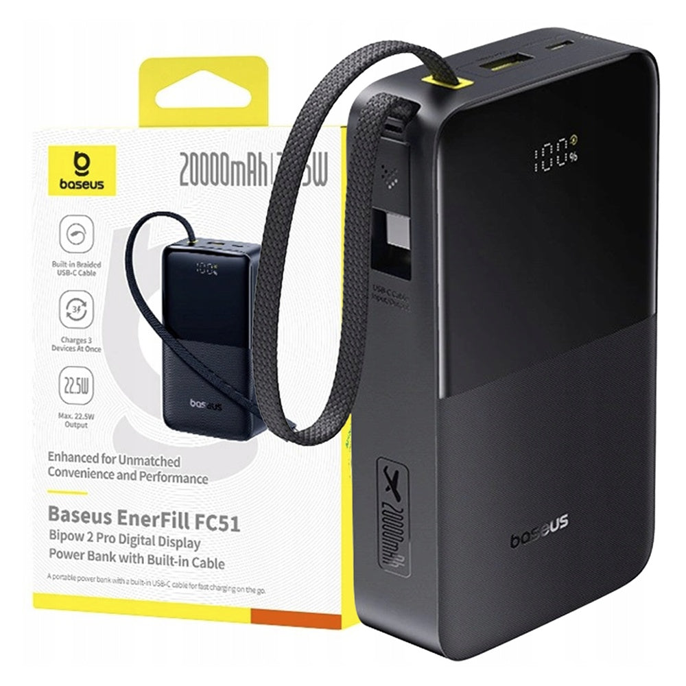 Baseus EnerFill Bipow2 Pro ulkoinen akku, 20000mAh, 22.5W, QC + PD, 1 x USB-A - 2 x USB-C, Musta E0027701