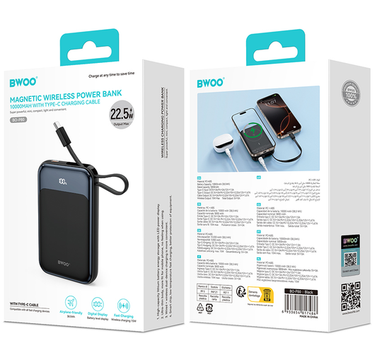 Langaton ulkoinen akku BWOO BO-P80, 10000mAh, 22.5W, PD + FQI, 1 x QI - 2 x USB-C, Musta