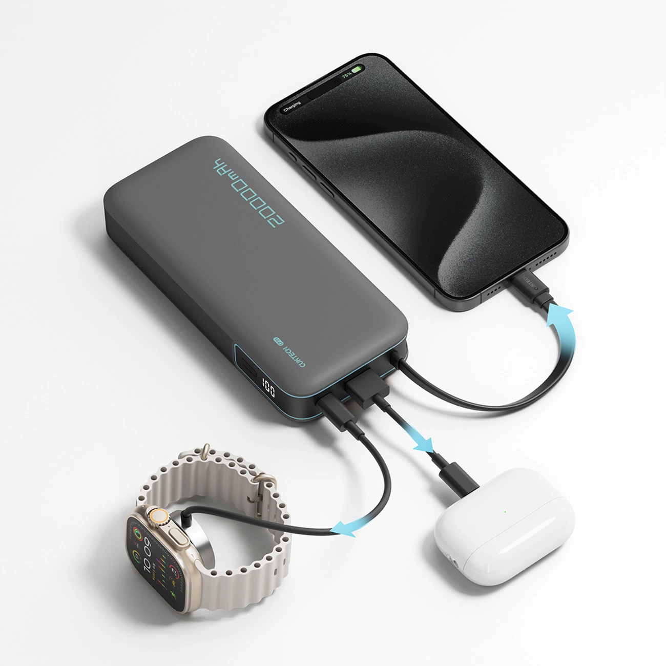 Ulkoinen akku Cuktech, 20000mAh, 55W, QC + PD, 1 x USB-A - 2 x USB-C, Harmaa CUKP200NGLDG