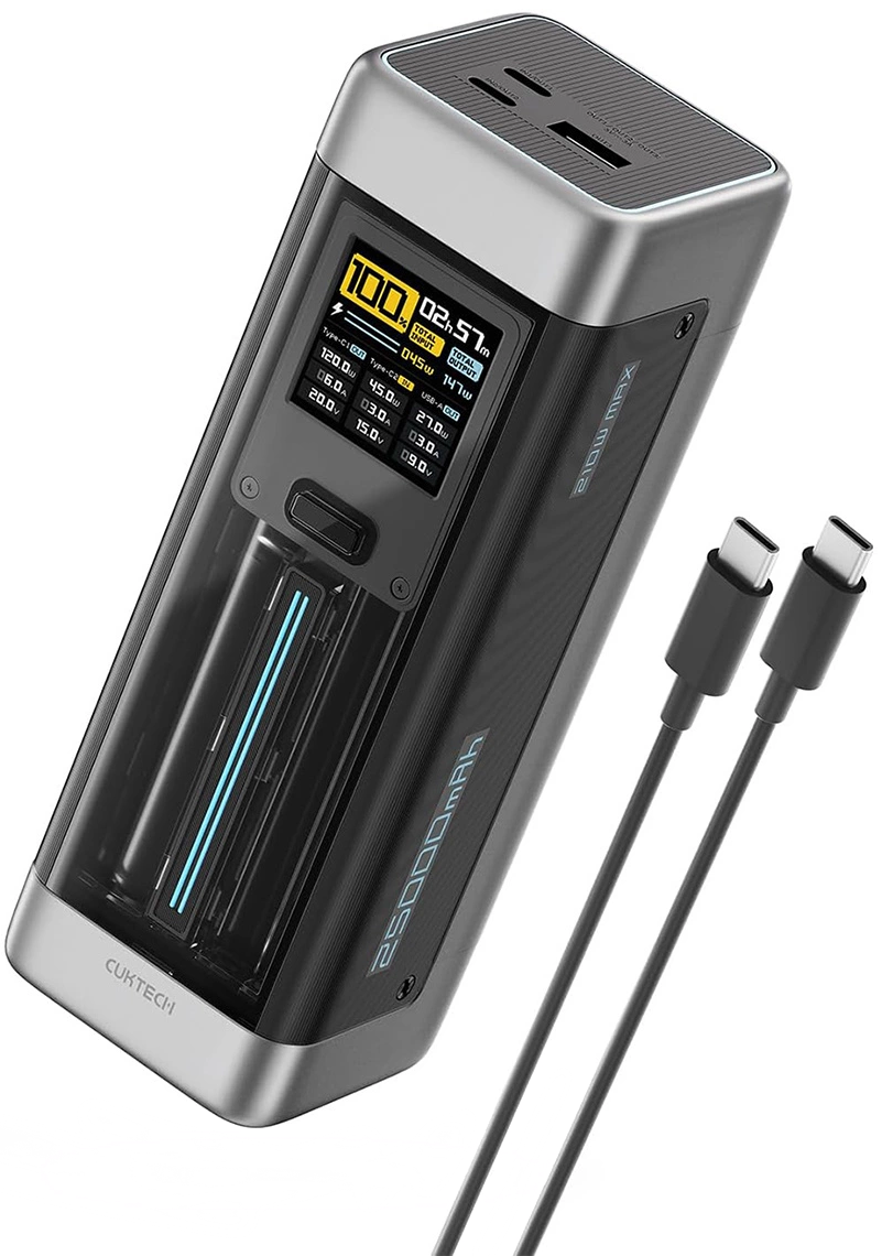 Cuktech Ulkoinen Akku, 25000mAh, 210W, QC + PD, 1 x USB-A - 2 x USB-C, Musta CUK00P23GLBK