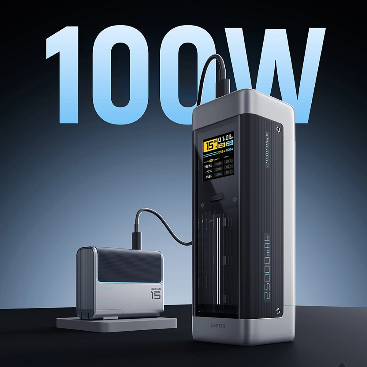 Cuktech Ulkoinen Akku, 25000mAh, 210W, QC + PD, 1 x USB-A - 2 x USB-C, Musta CUK00P23GLBK
