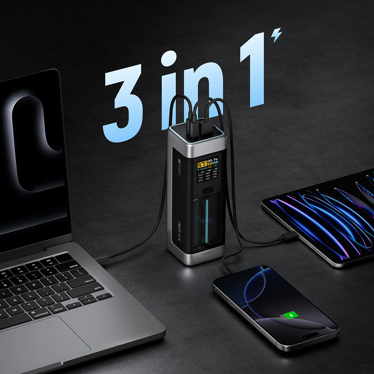 Cuktech Ulkoinen Akku, 25000mAh, 210W, QC + PD, 1 x USB-A - 2 x USB-C, Musta CUK00P23GLBK