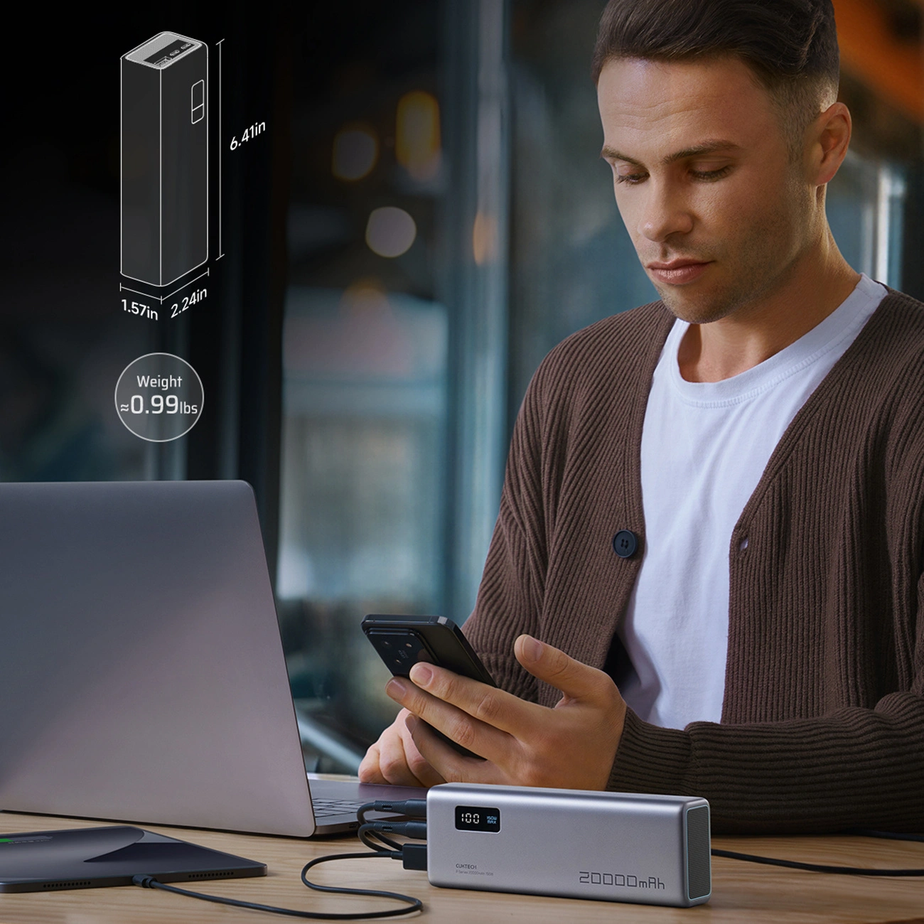 Ulkoinen akku Cuktech P+ No.15, 20000mAh, 150W, QC + PD, 1 x USB-A - 2 x USB-C, Harmaa CUKPB200GLBK