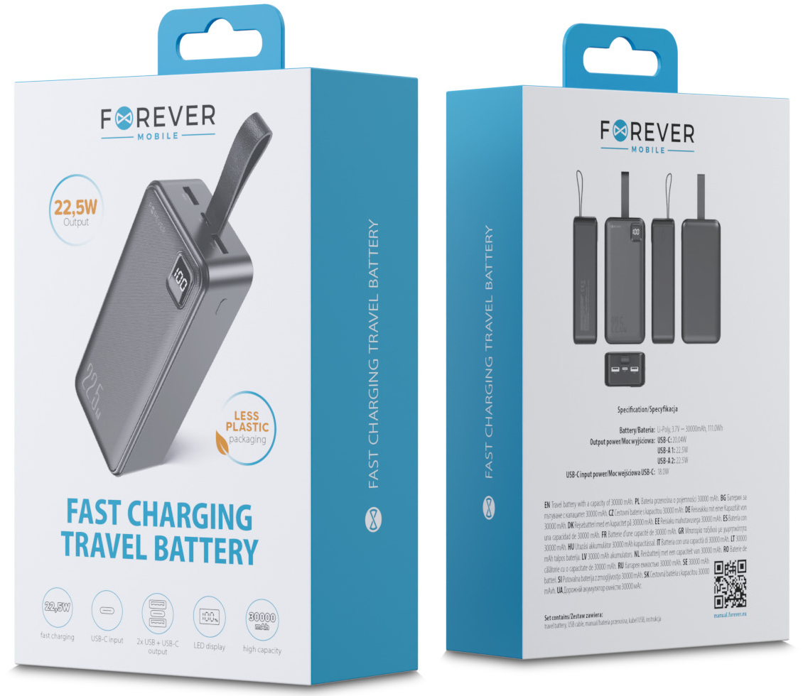 Forever TB-300XL -varavirtalähde, 30000 mAh, 22,5 W, QC + PD, 1 x USB-C – 2 x USB-A, musta