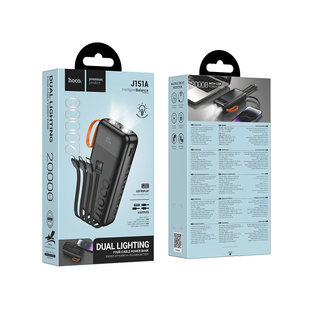 Ulkoinen akku HOCO J151A, 20000mAh, 10W, 1 x Lightning - 1 x microUSB - 1 x USB-A - 1 x USB-C, Musta