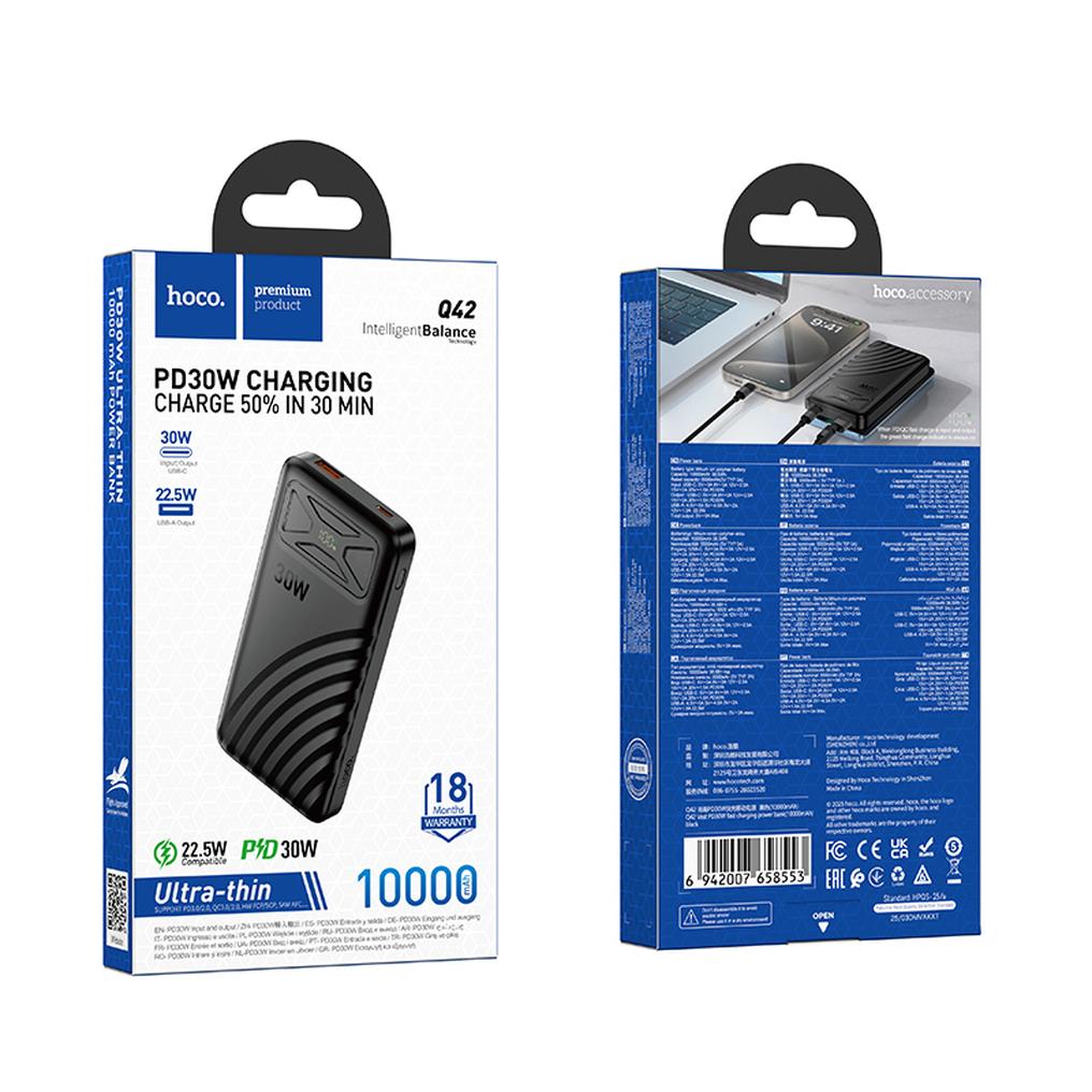 HOCO Q42 -varavirtalähde, 10000 mAh, 30 W, QC + PD, 1 x USB-A - 1 x USB-C, musta