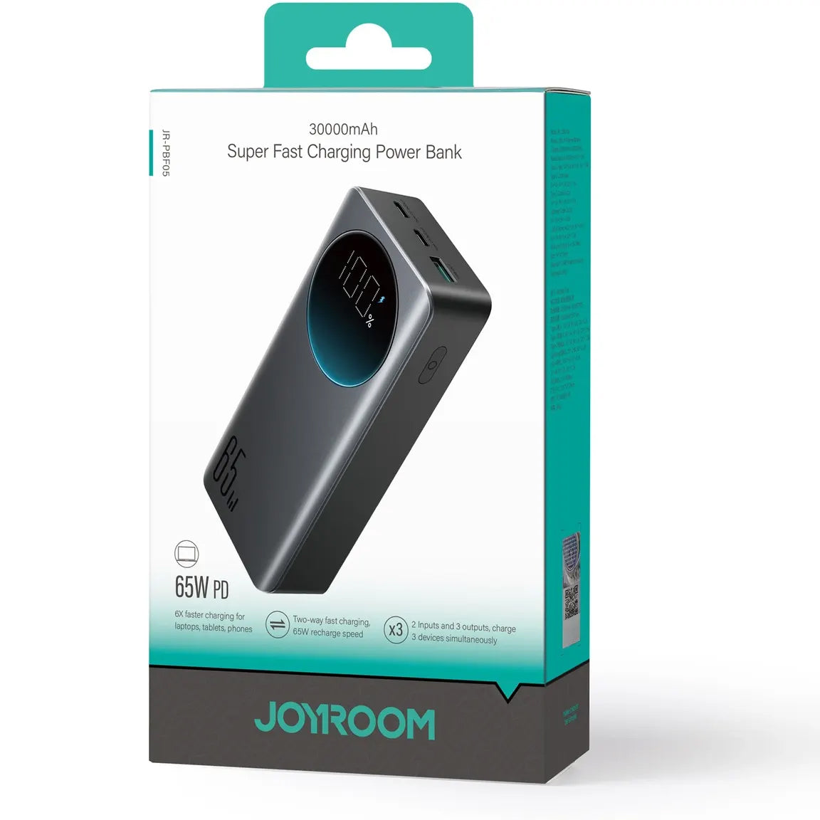 Ulkoinen akku Joyroom JR-PBF05, 30000mAh, 65W, QC + PD, 1 x USB-A - 2 x USB-C, Musta