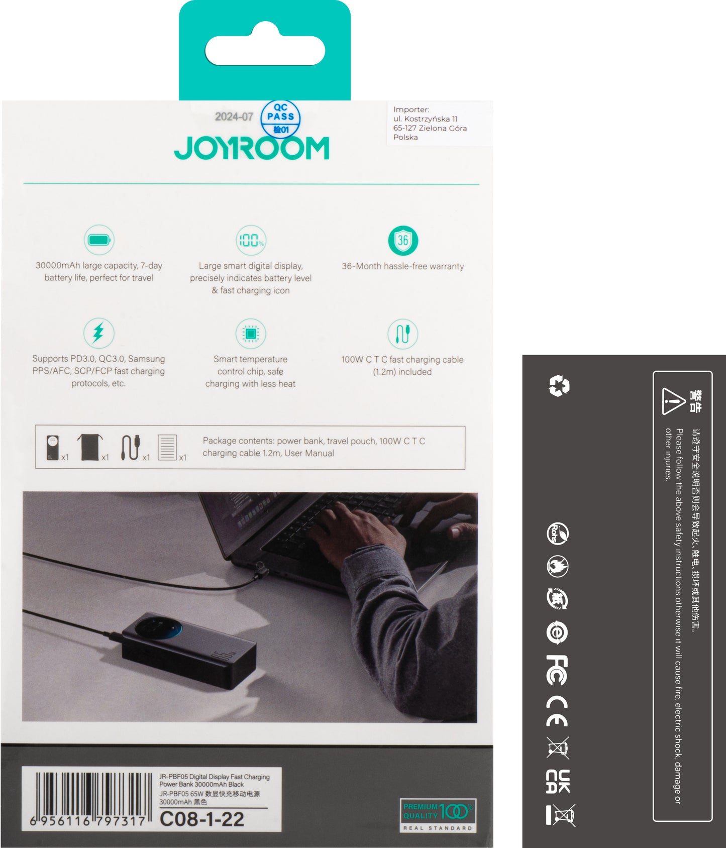 Ulkoinen akku Joyroom JR-PBF05, 30000mAh, 65W, QC + PD, 1 x USB-A - 2 x USB-C, Musta