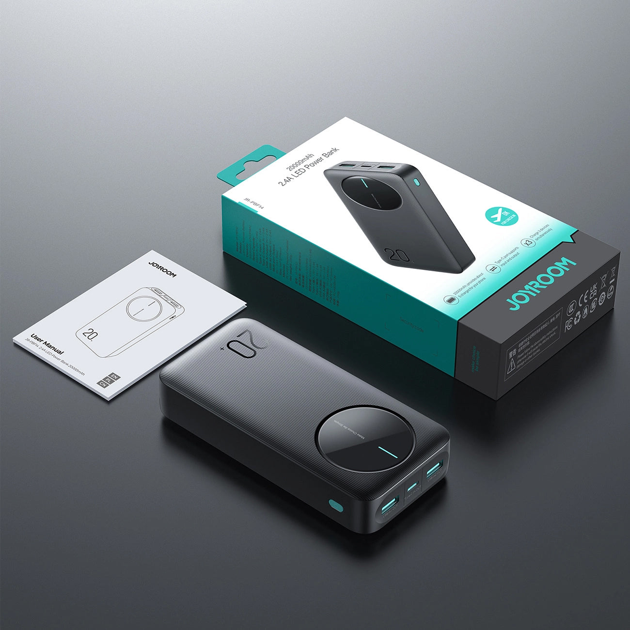 Ulkoinen akku Joyroom JR-PBF14, 20000mAh, 12W, 1 x USB-C - 2 x USB-A, Musta