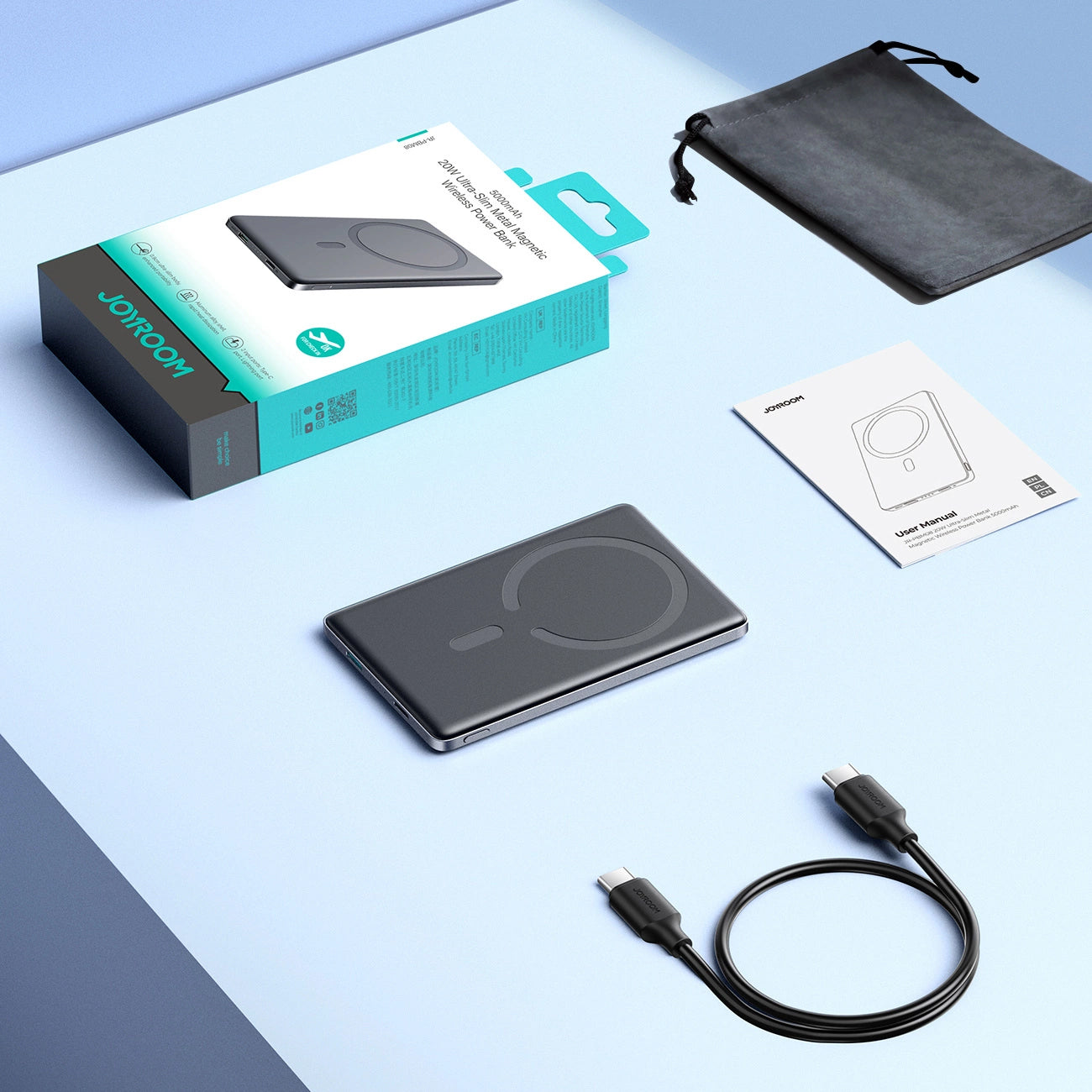 Langaton ulkoinen akku Joyroom JR-PBM08, 5000mAh, 20W, PD + FQI, 1 x QI - 1 x USB-C, Harmaa