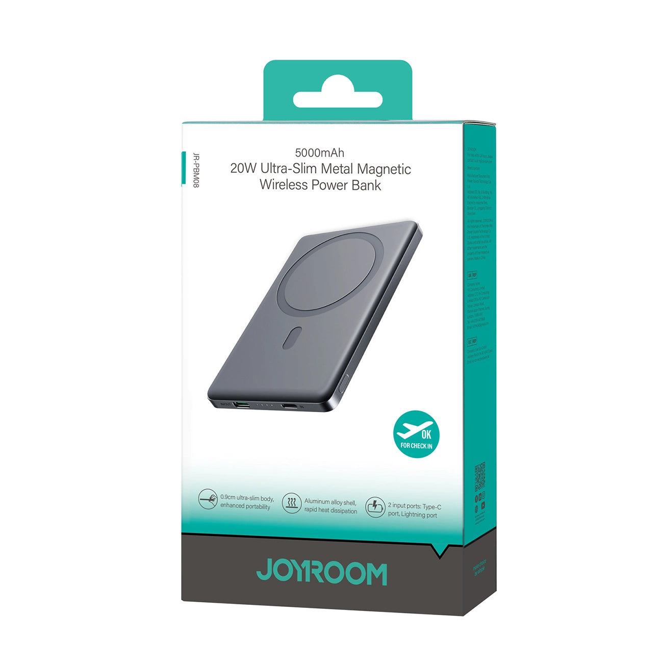 Langaton ulkoinen akku Joyroom JR-PBM08, 5000mAh, 20W, PD + FQI, 1 x QI - 1 x USB-C, Harmaa