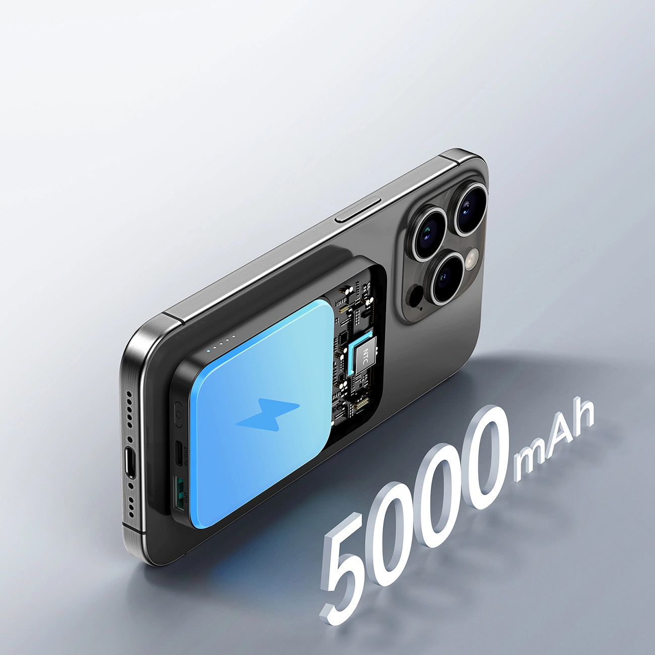 Langaton Joyroom JR-W020 Mini -ulkoinen akku, 5000mAh, 20W, QC + PD + FQI, 1 x QI - 1 x USB-A - 1 x USB-C, Musta