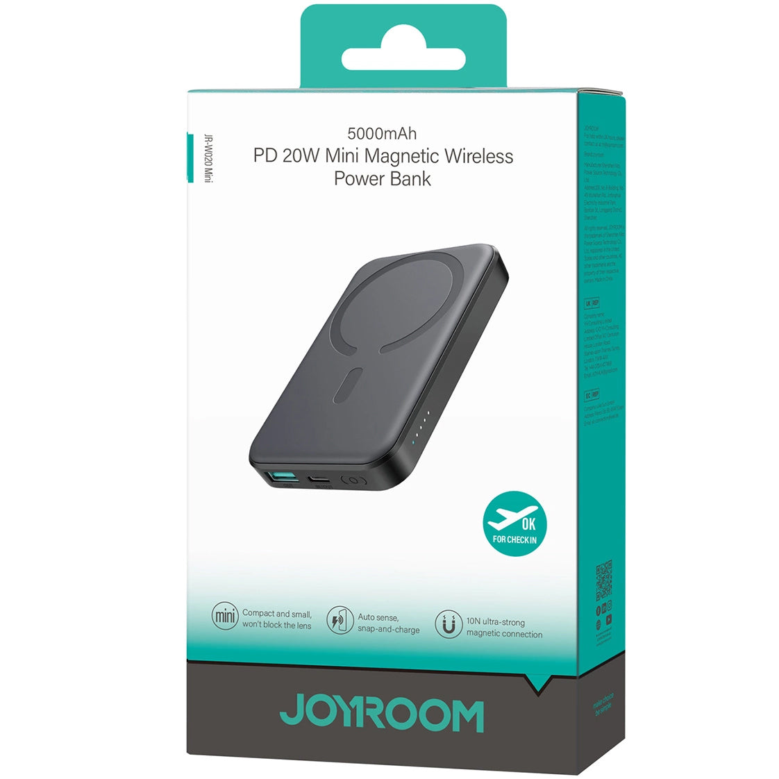 Langaton Joyroom JR-W020 Mini -ulkoinen akku, 5000mAh, 20W, QC + PD + FQI, 1 x QI - 1 x USB-A - 1 x USB-C, Musta