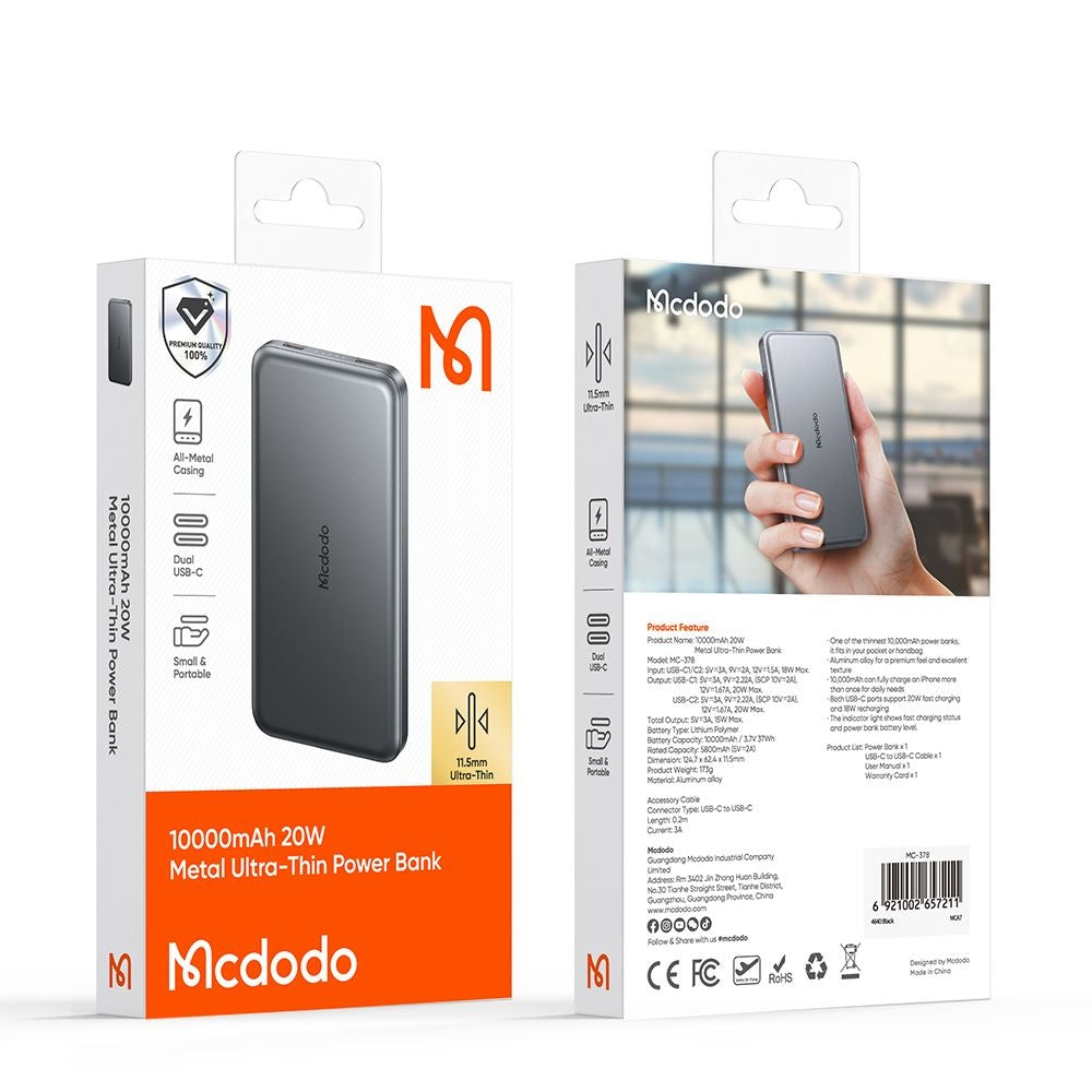 Ulkoinen akku McDodo MC-3781 Meta, 10000mAh, 20W, PD, 2 x USB-C, Musta