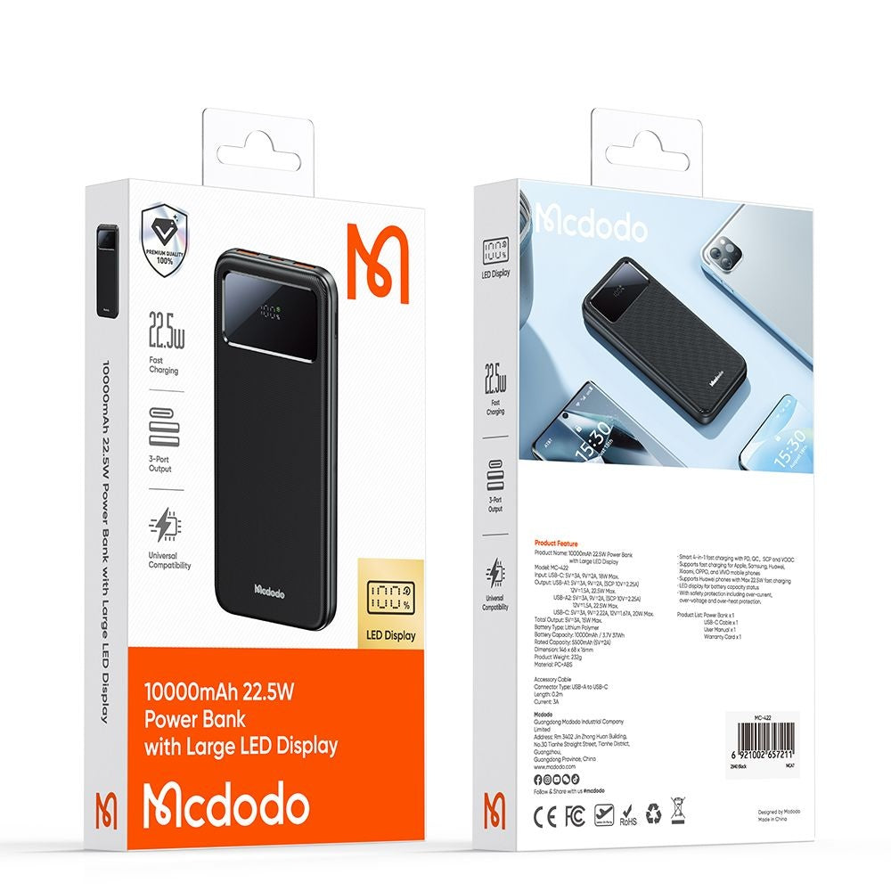 Ulkoinen akku McDodo MC-4220, 10000mAh, 22.5W, QC + PD, 2 x USB-A - 1 x USB-C, Musta