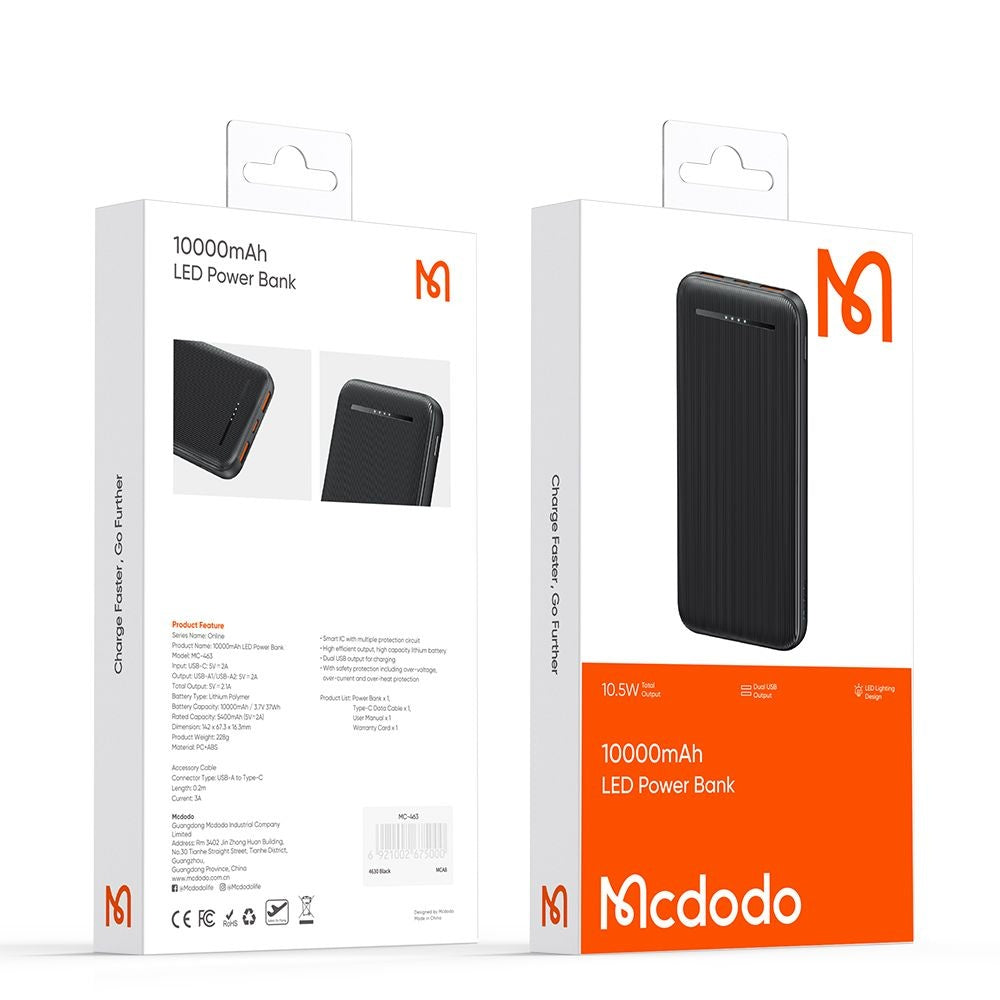 Ulkoinen akku McDodo MC-4631 Online, 10000mAh, 10W, 2 x USB-A - 1 x USB-C, Musta