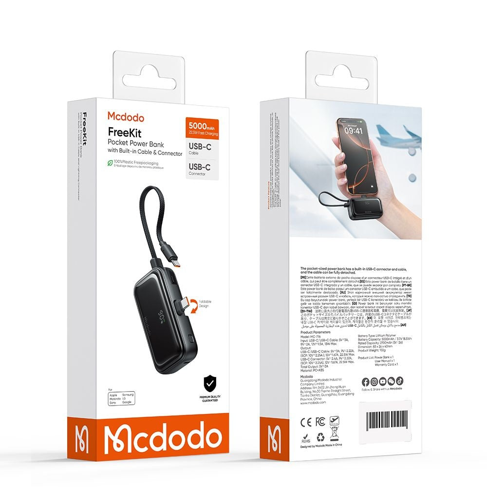 Ulkoinen akku McDodo MC-7760 Freekit, 5000mAh, 22.5W, PD, 3 x USB-C, Musta