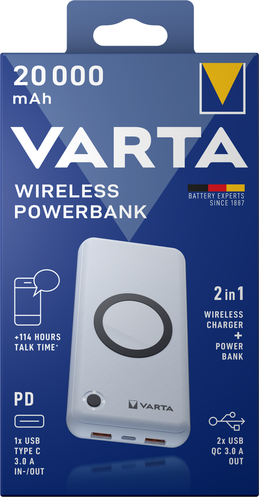Varta Energy langaton ulkoinen akku, 20000mAh, 18W, QC + PD + FQI, 1 x QI - 1 x USB-C - 2 x USB-A, valkoinen