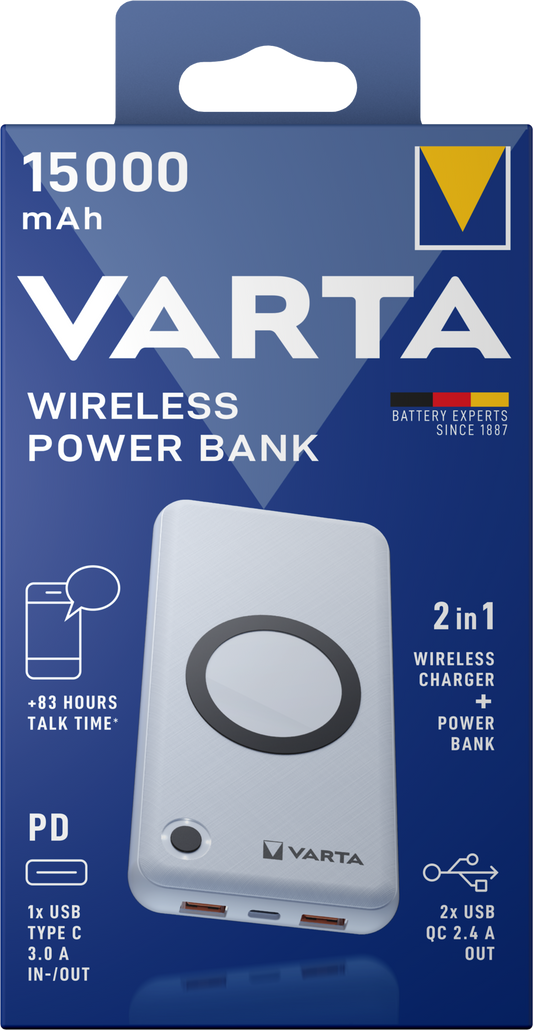 Varta Energy ulkoinen langaton akku, 15000mAh, 18W, QC + PD + FQI, 1 x QI - 1 x USB-C - 2 x USB-A, valkoinen