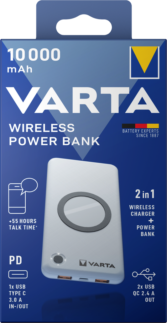 Varta Energy langaton ulkoinen akku, 10000mAh, 18W, QC + PD + FQI, 1 x QI - 1 x USB-C - 2 x USB-A, valkoinen