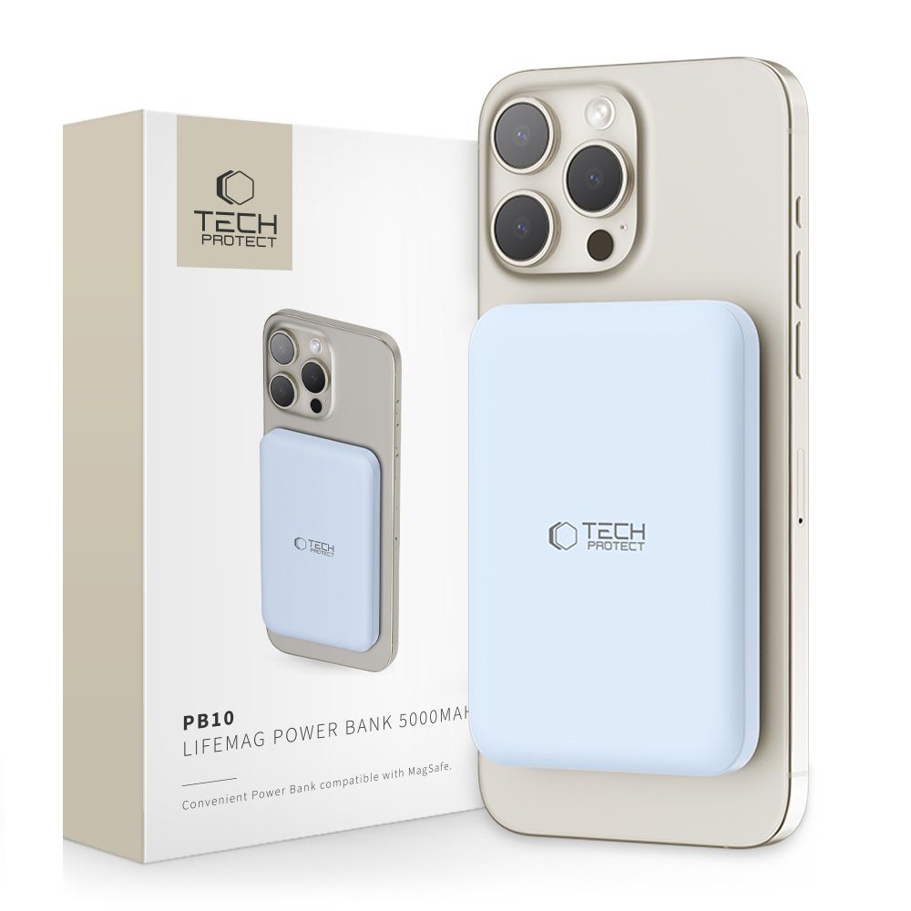 Ulkoinen langaton akku Tech-Protect PB10 LifeMag, 5000mAh, 15W, PD + FQI, 1 x QI - 1 x USB-C, sininen